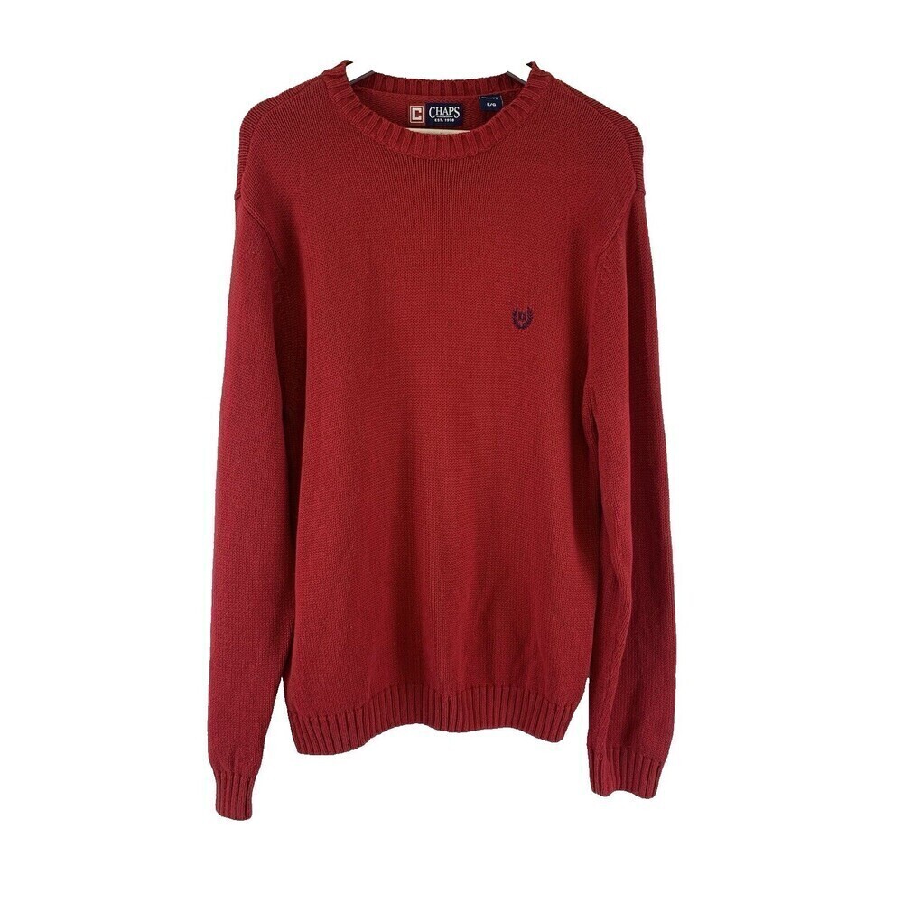 Chaps Ralph Lauren Red Crewneck Sweater Cotton Pullover Ribbed Hem Mens Large